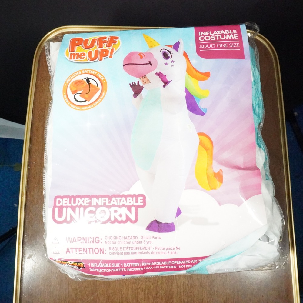 Puff Me Up Inflatable Unicorn Costume Adult One Size White Rainbow Halloween NEW